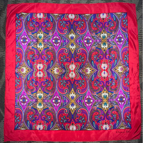 Christian Dior Vintage Paisley Pattern Scarf Multicolor Luxury 100% Silk - Picture 12 of 16